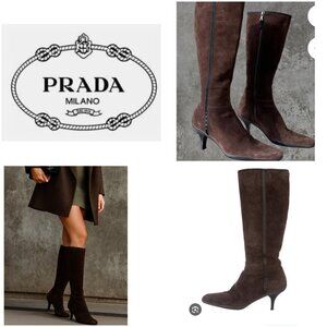 PRADA BROWN SUEDE HEELED BOOTS - EU 38.5/US 8